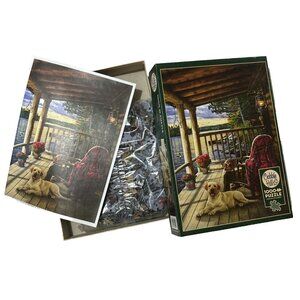 Cobble Hill 1000 pc Jigsaw Puzzle Cabin Porch Lake House Giordano Golden Lab Dog